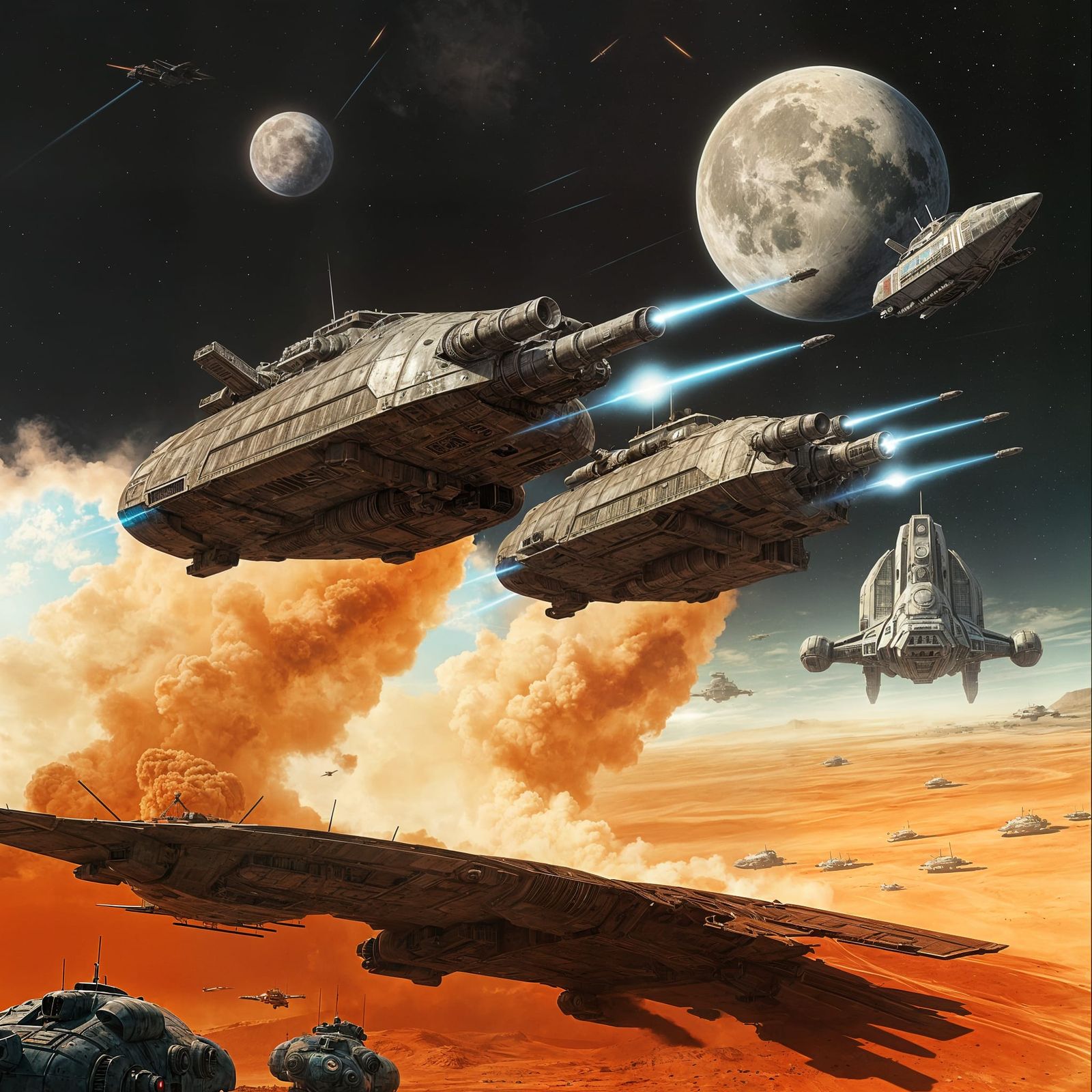 Futuristic Hovercraft Tanks Firing Cyan Energy Beams