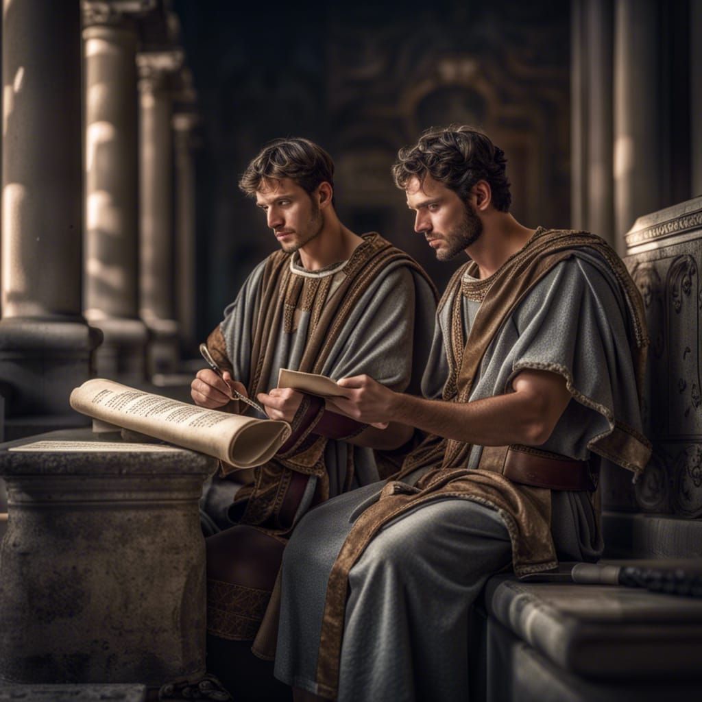 Ancient Roman Friends Reading a Scroll