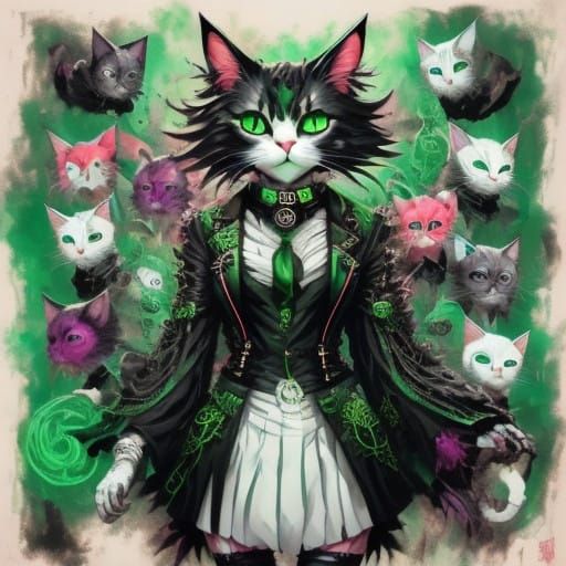 Fierce White Cat in Cyberpunk Goth Fashion