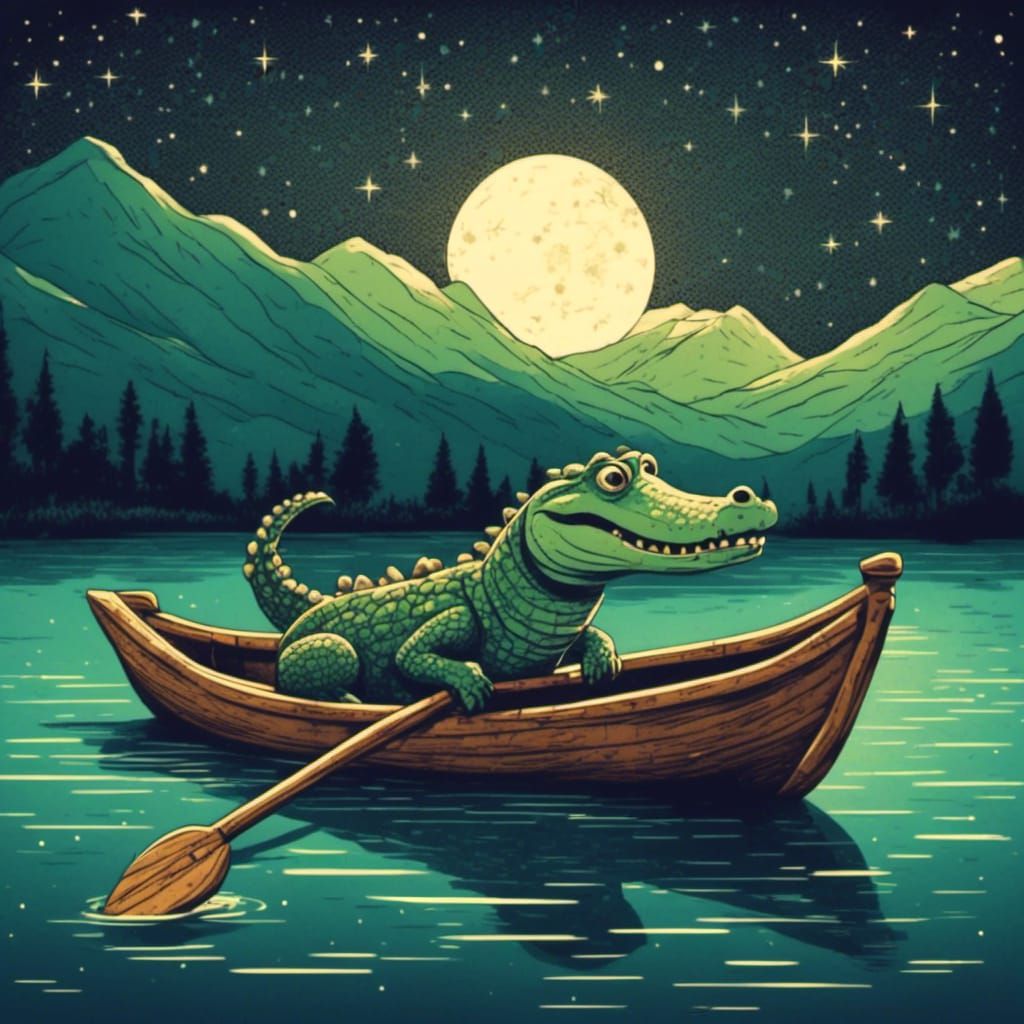 Crocodile's Night Row Under Starry Sky