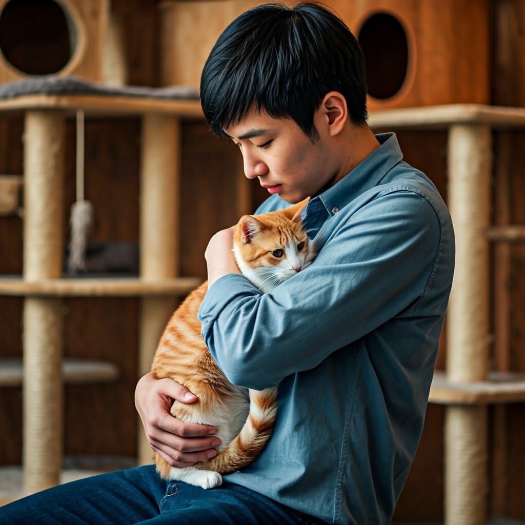 Asian Male Cradles Adorable Tabby Cat in Cozy Cat Shelter