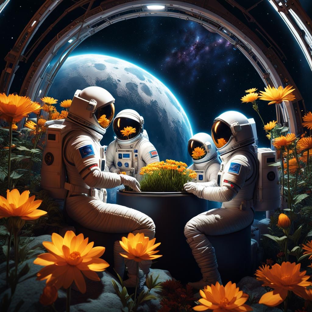 Lunar Gardeners: Women Tend Flowers in Moon Dome