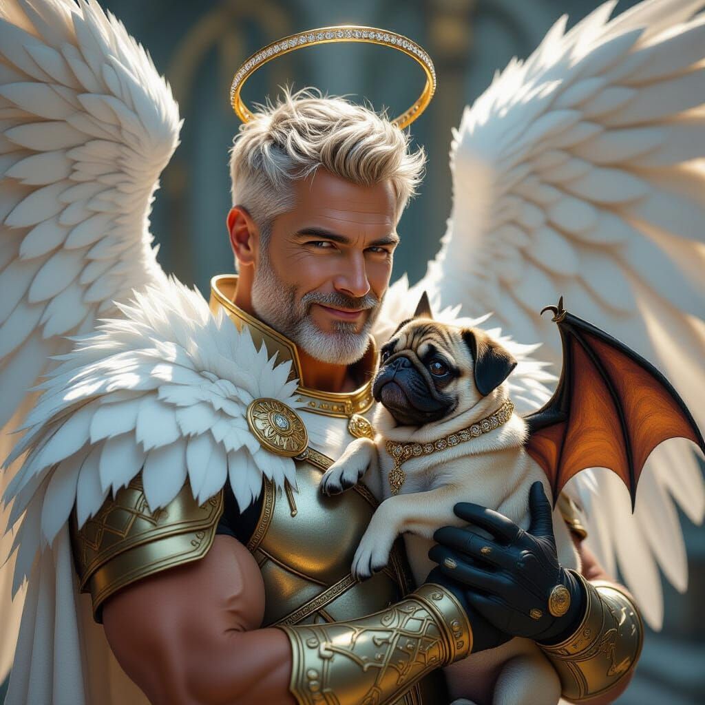 Archangel Knight with Demon Pug in Digital Painting Style