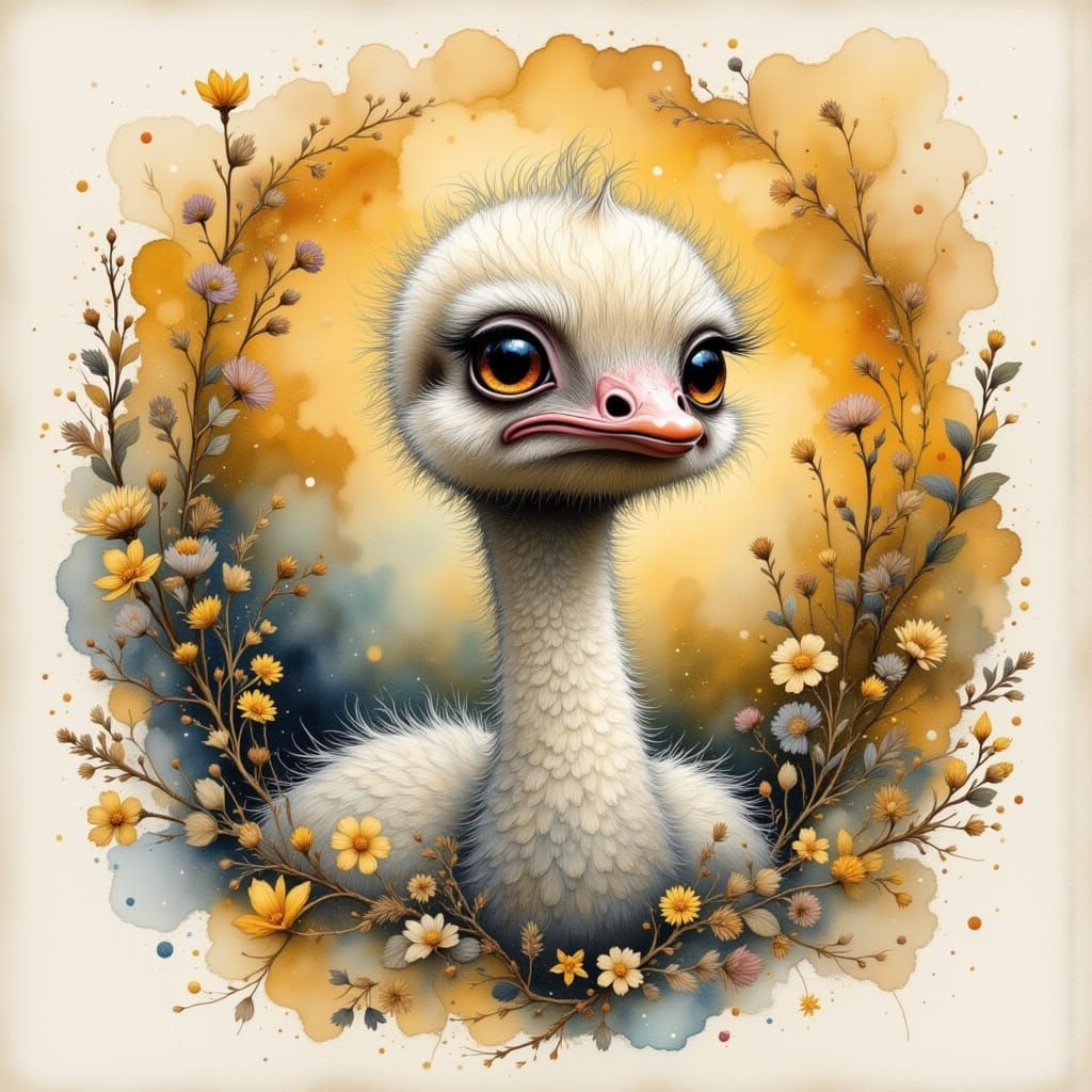 Mystical Ostrich Chick in Whimsical Splash Art