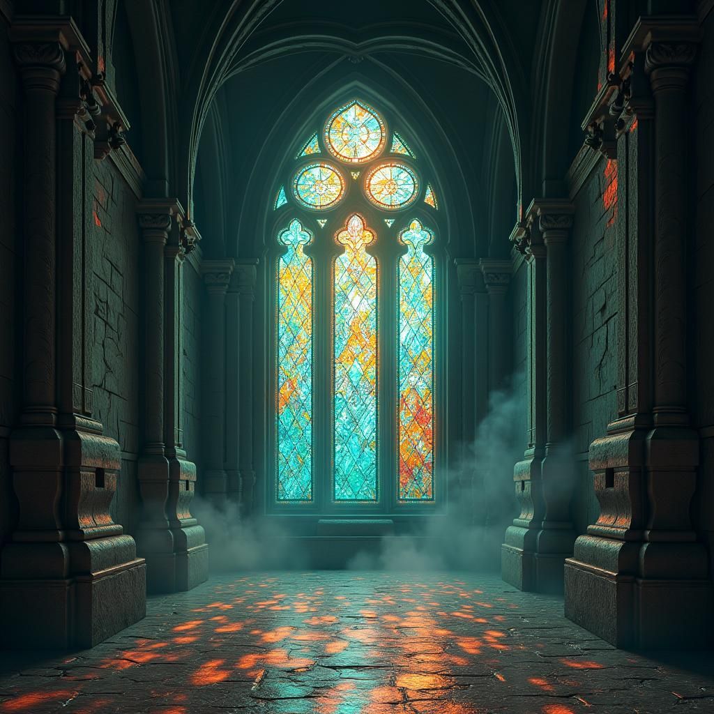 Ethereal Stained-Glass Window in Mystical Mausoleum