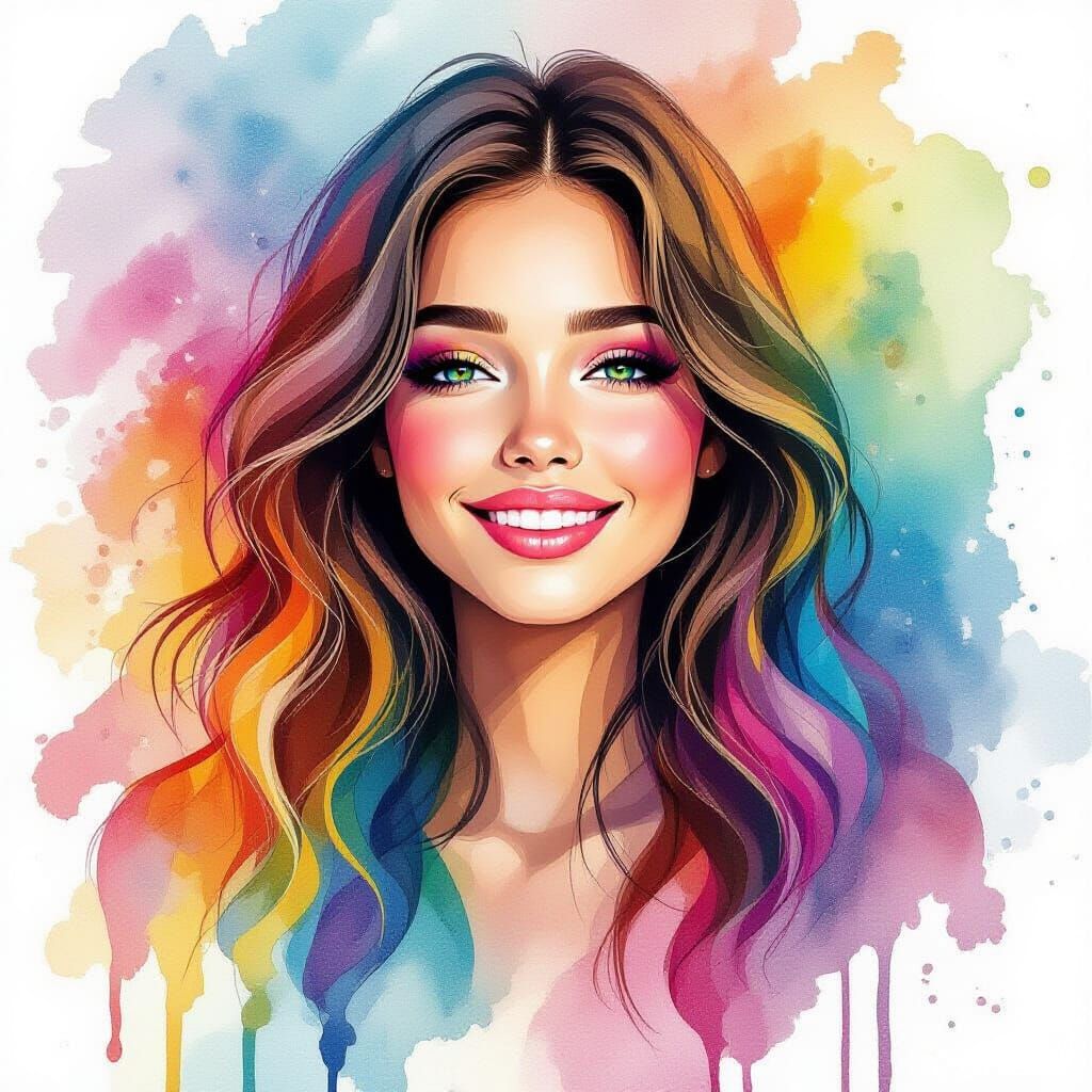 Colorful Hippie Girl Dancing in Watercolor Splash Art