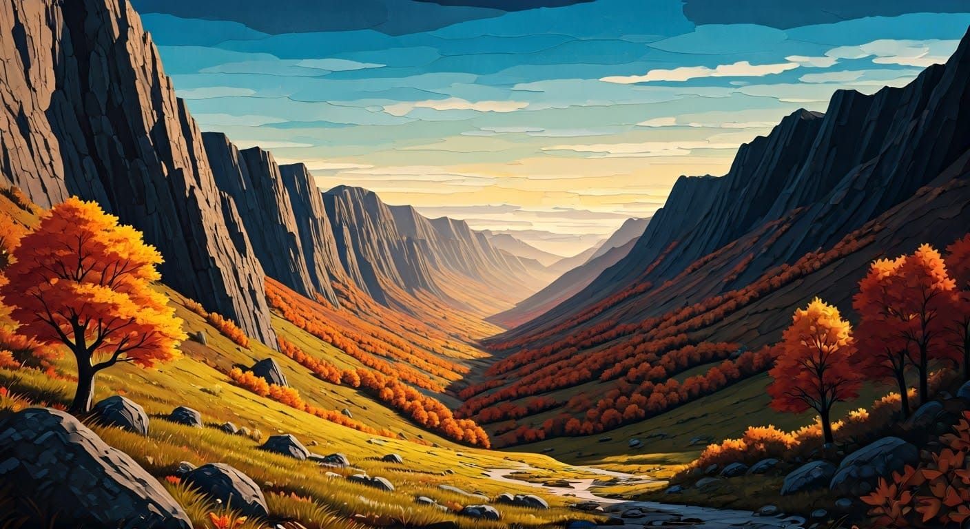Vast Autumn Valley Crafted from Paper Collage