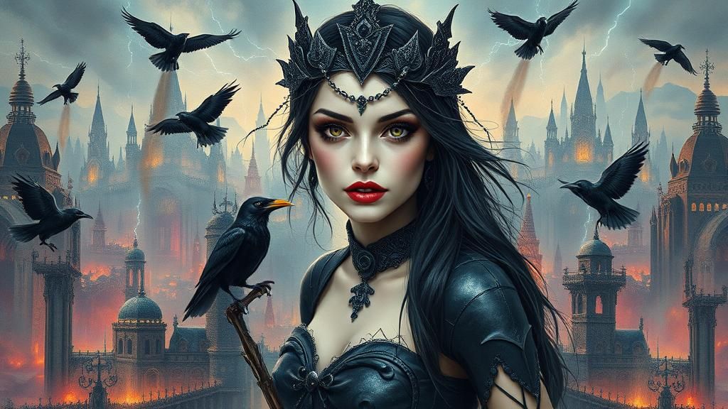 Gothic Temptress in Post-Apocalyptic City as Impasto Paintin...