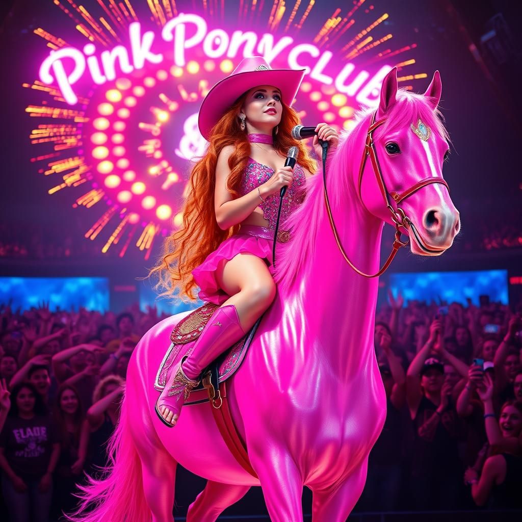 Radiant Singer on Pink Horse, Hyperrealistic Splash Art