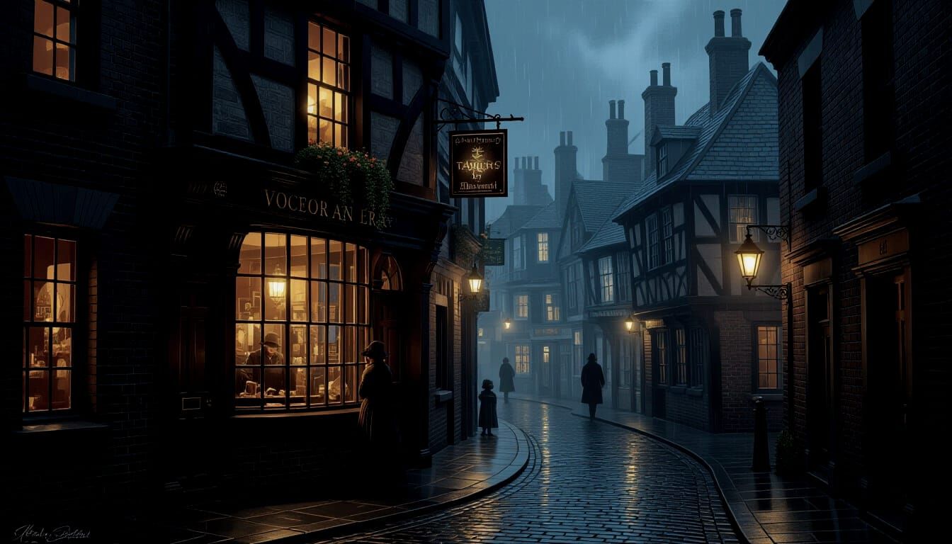 Victorian London Tavern Window on a Foggy, Rainy Night
