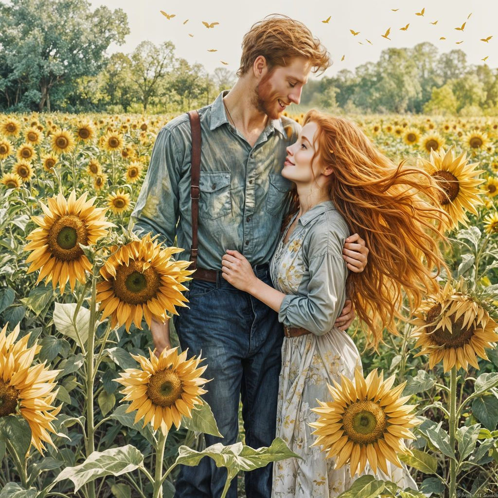 Redhead Woman in Sunflower Field, Klimt-Inspired Watercolor