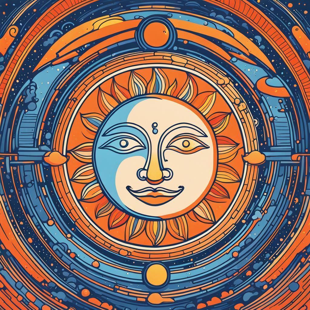 Whimsical Sunset Encounter in Vibrant Line Art