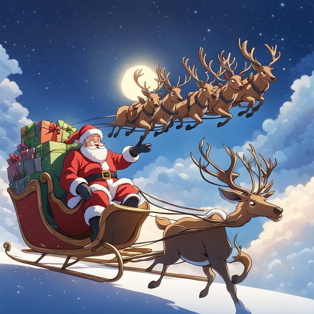 Santa Claus Sleigh Flight in Ghibli Anime Style
