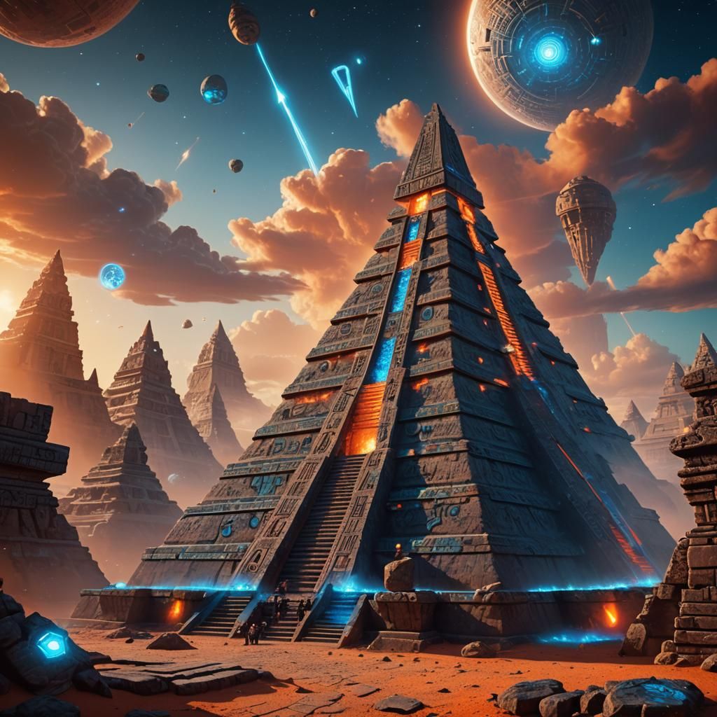 Mayan Pyramid Spaceport with Glowing Runes: Fantasy Art