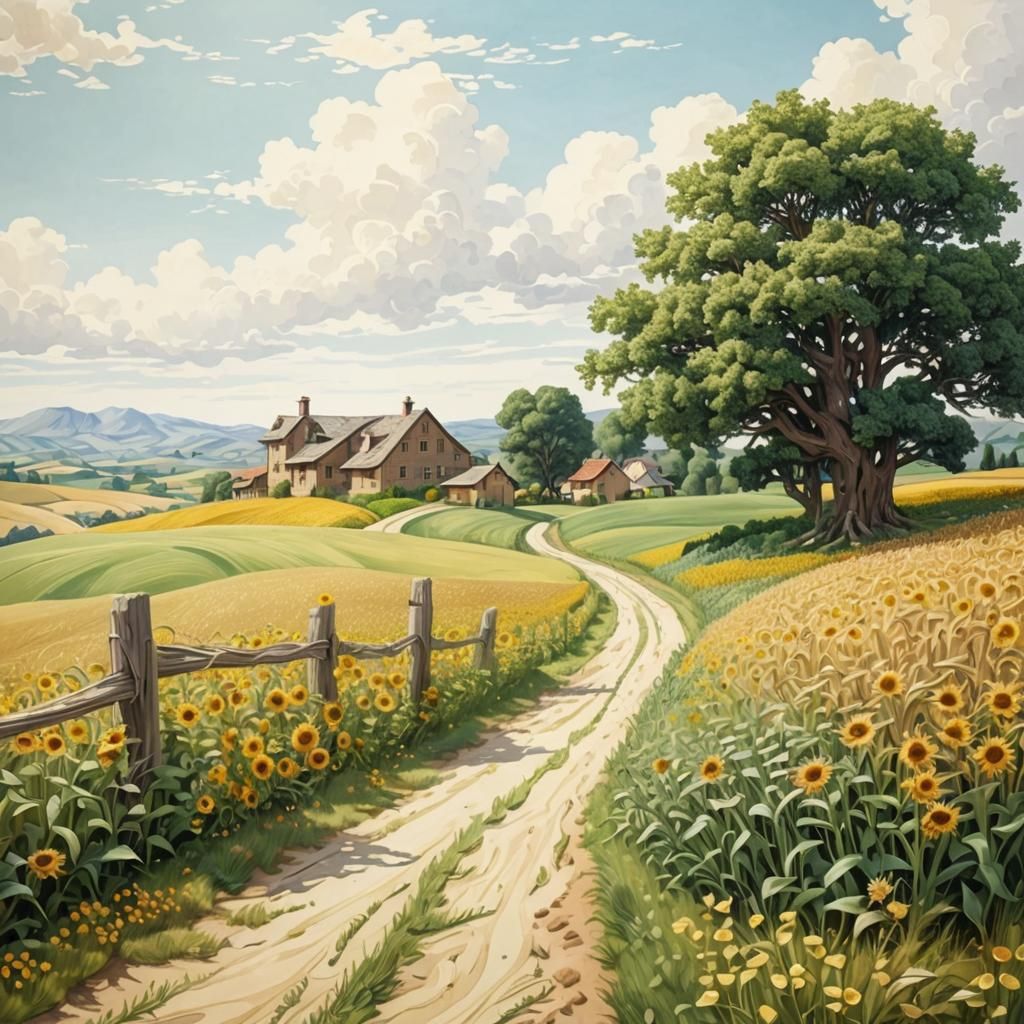 Wheat and Sunflower Fields in Vibrant Digital Art