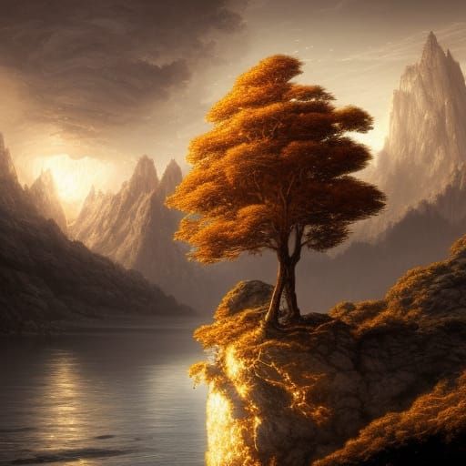 Golden Tree in Lake at Dawn: Dark Fantasy Art