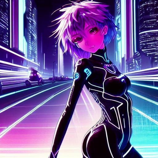 Anime art style female brunette mid-length hair wearing blac...