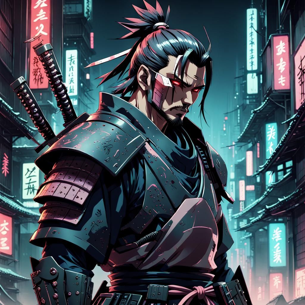 Anime Cyberpunk Samurai in Cel-Shaded Style