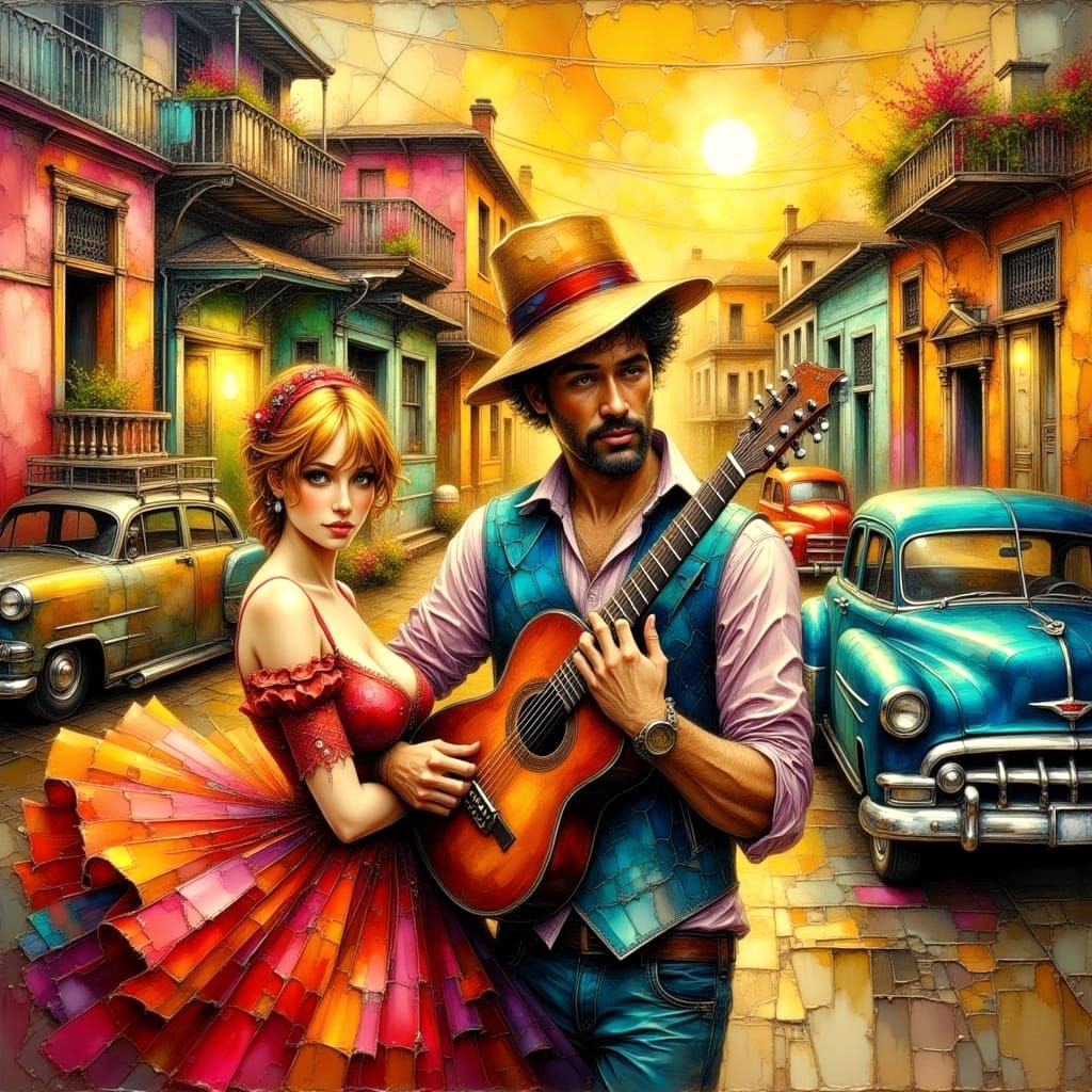 Cuban Jazz Scene in Impasto Oil Painting Style