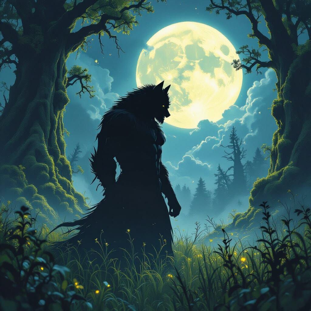 Werewolf Silhouette in Mystical Landscape