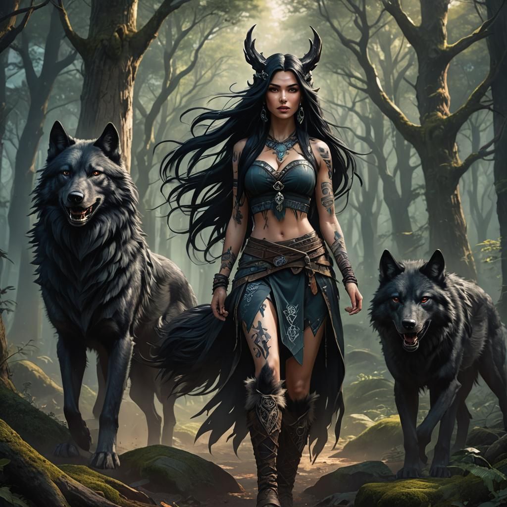 Radiant Runic Forest Girl and Wolf