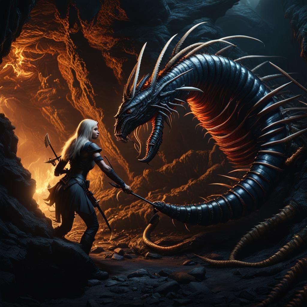 Centipede Monster Battle in Dark Cave: Matte Painting