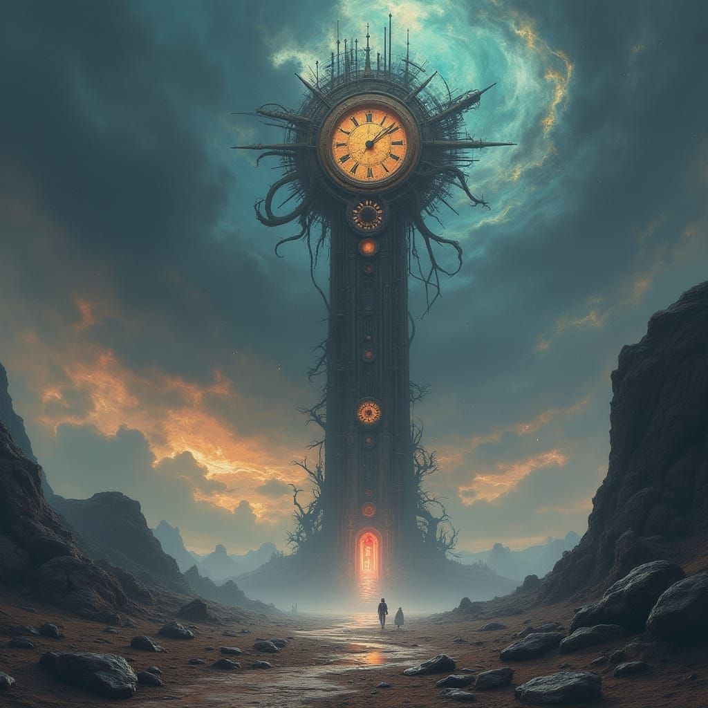 Colossal Clock Tower in Nebula Sky, Dark Fantasy Art
