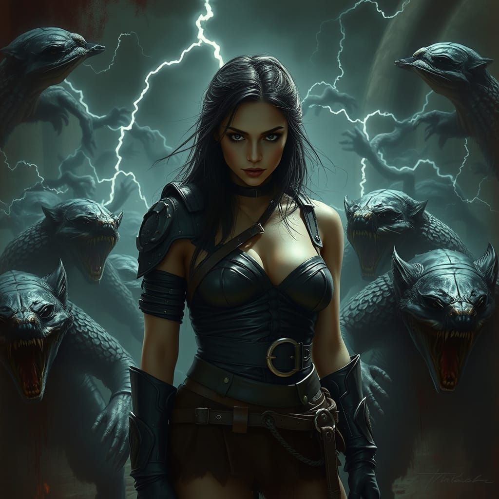 Armored Woman in Chaotic Scene Inspired by Giger