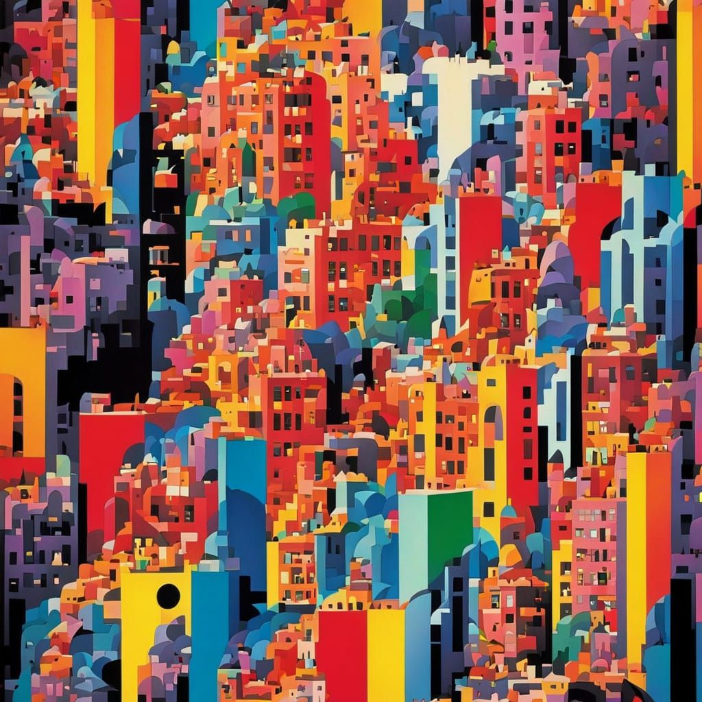 Surreal, cubism, Pop Art-inspired depiction of a bold, graphic cityscape, bright colors and fragmented, commercial image...