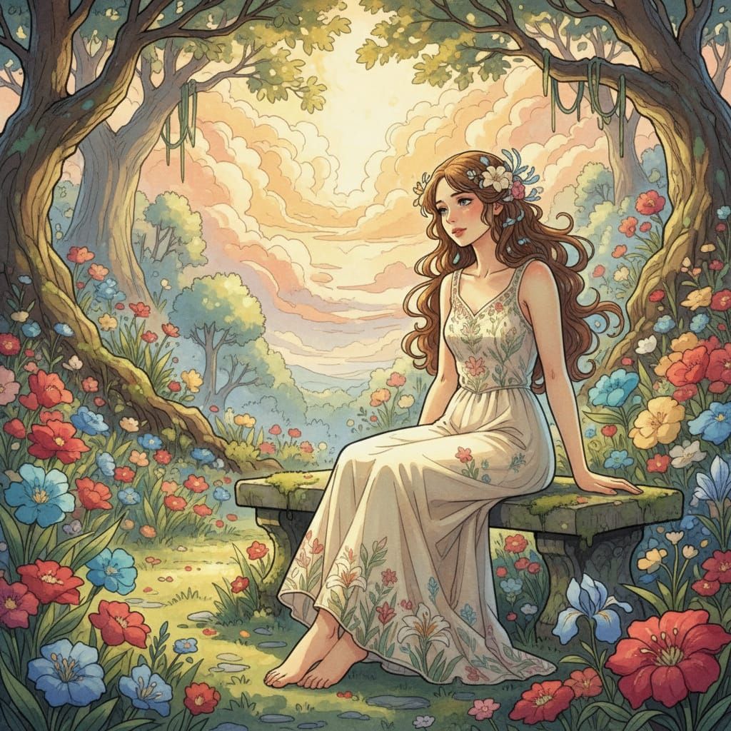 Melancholy Woman in Dreamy Garden, Art Nouveau