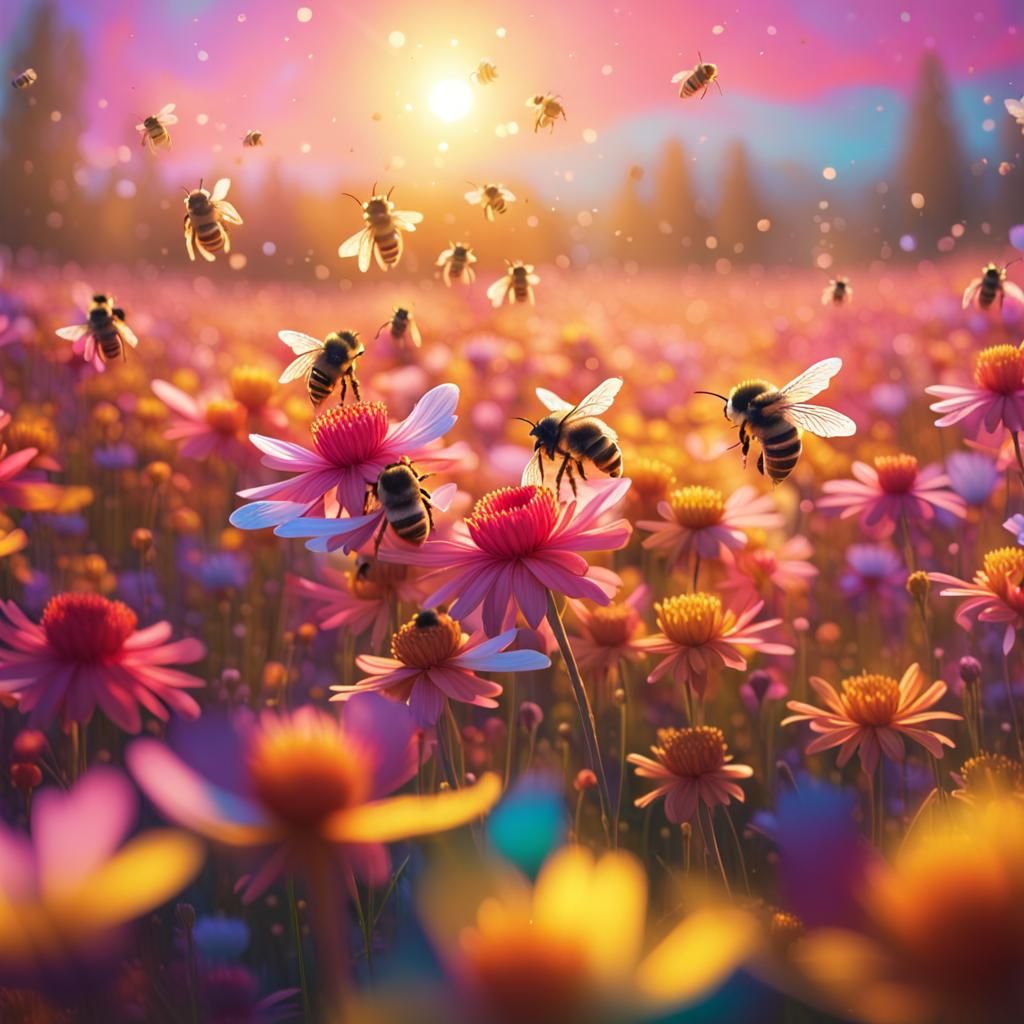Blooming Flower Field with Bees in Golden Light