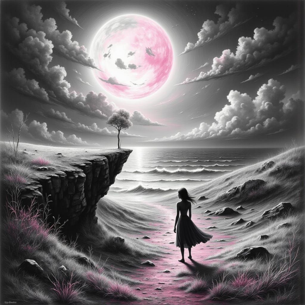 A Lonely Woman Under the Full Moon, in a Windswept Ice Cryst...