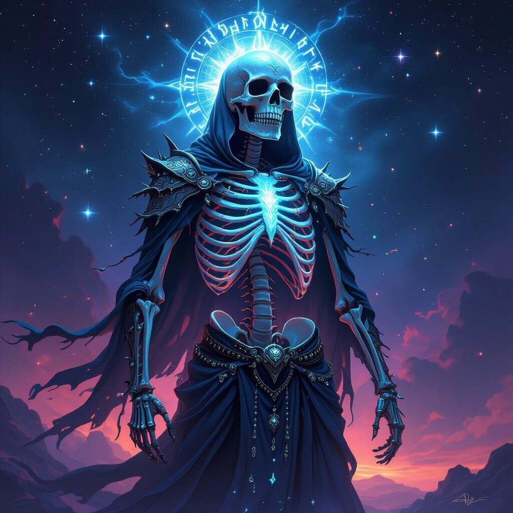 Mystical Glowing Skeleton in Cosmic Void