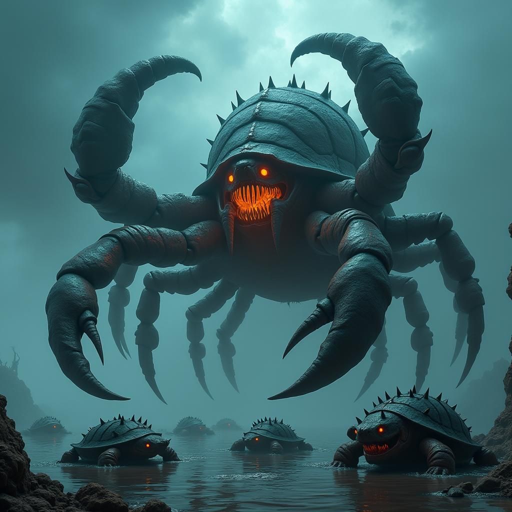 Dark Fantasy Scorpion Creature at Misty Lake
