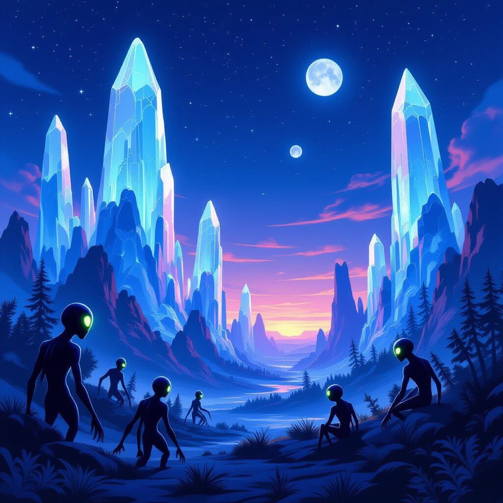 Ethereal Alien Planet at Twilight with Crystalline Flora