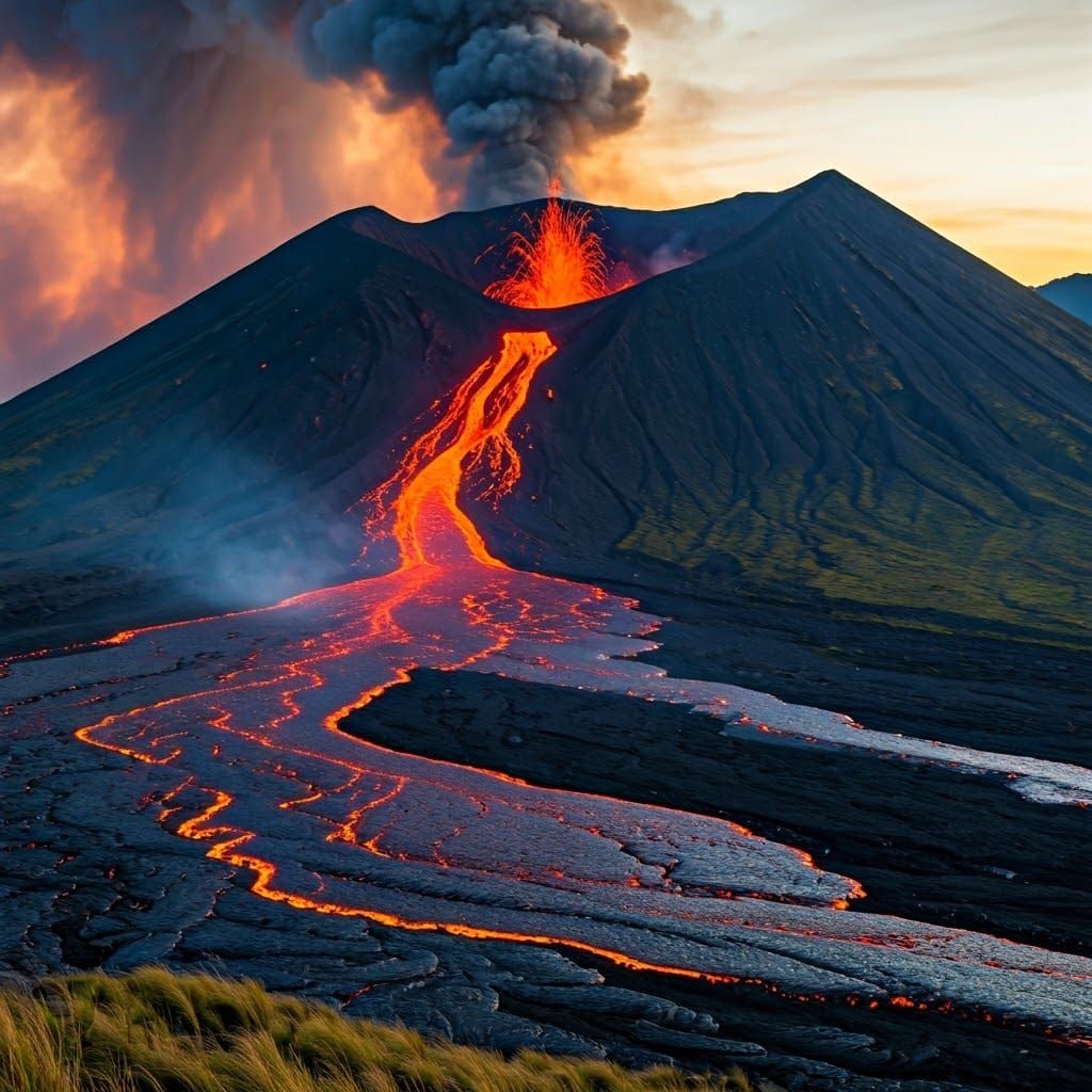 Surreal Lava Flow Engulfs a Village in a Thick Ash Cloud