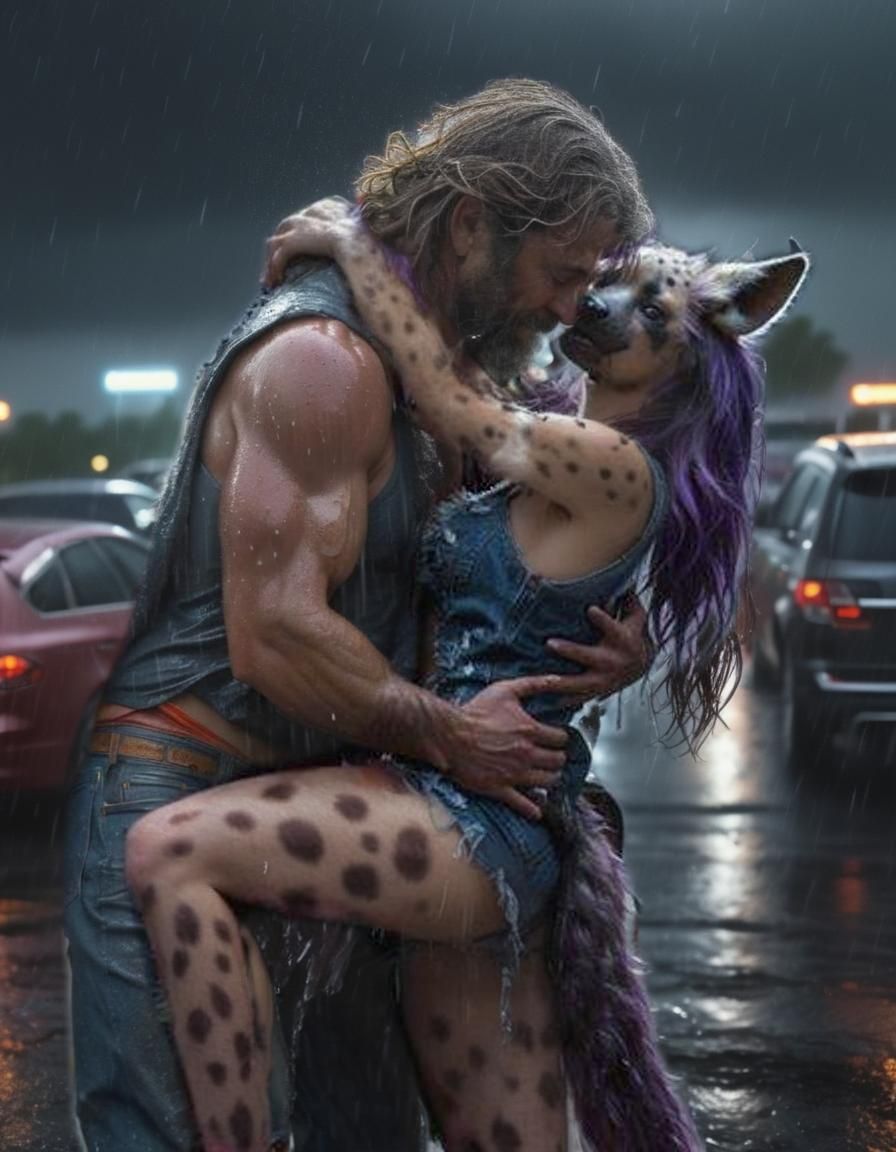 Passionate Embrace in Rainy Parking Lot