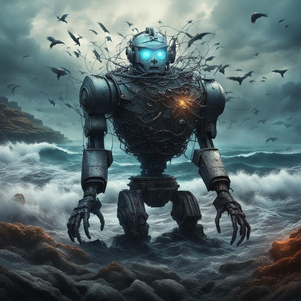 Giant Robot with Glass Head in Decaying Basement