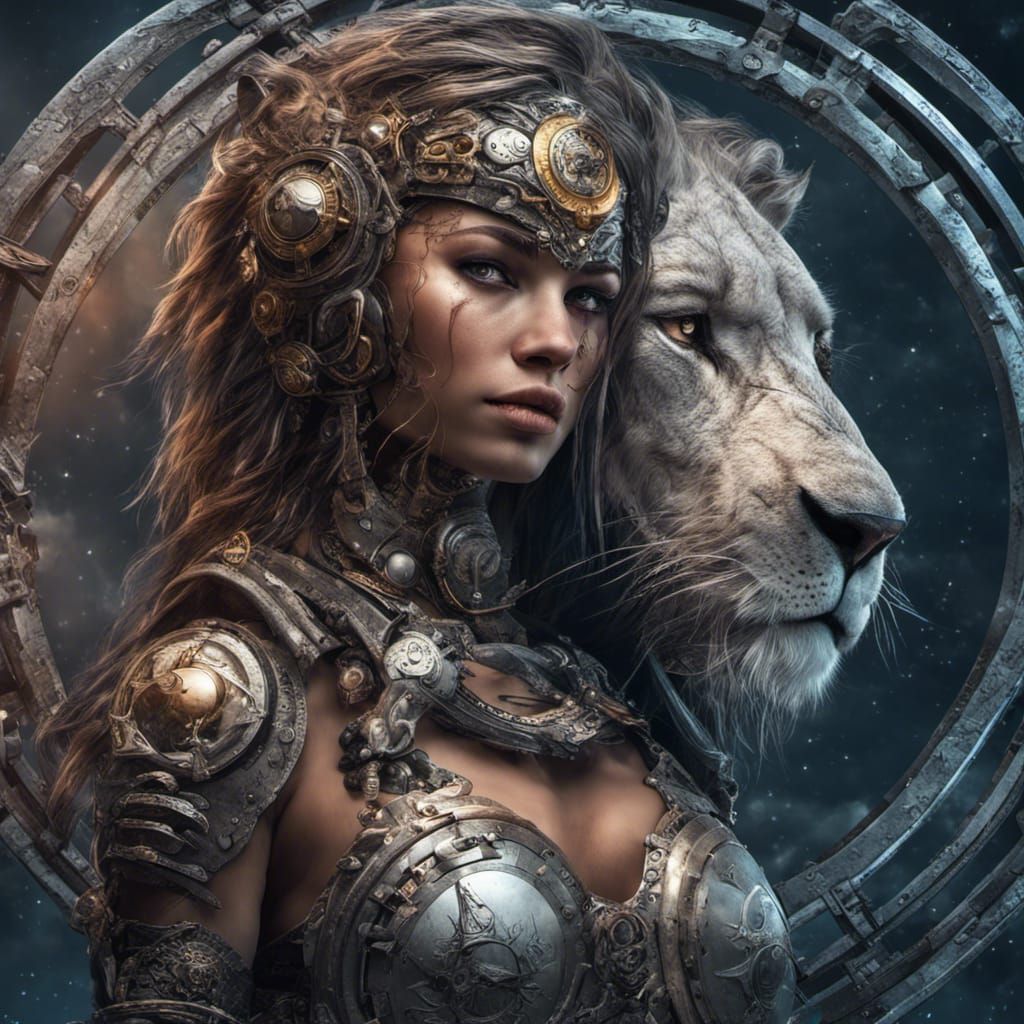 Cyberpunk Lion Warrior in Lunar Circle