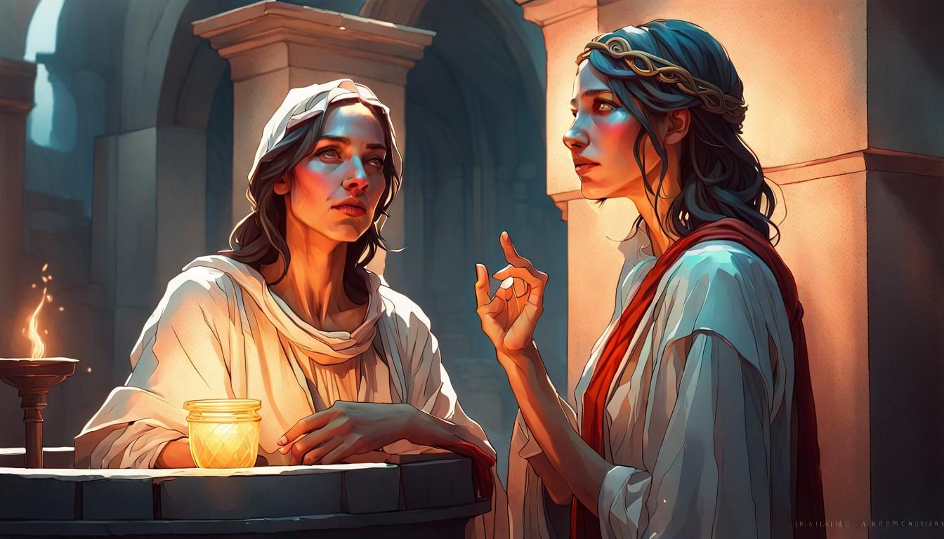 Woman's Encounter with Jesus in Art Nouveau Style