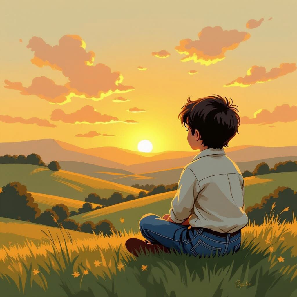 Boy Watches Sunset in Beatrix Potter Style