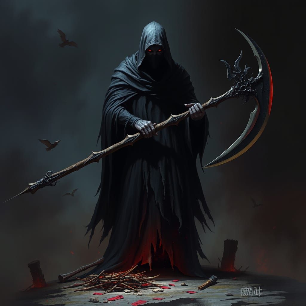 Dark Phantom Figure with Scythe in Noir Style
