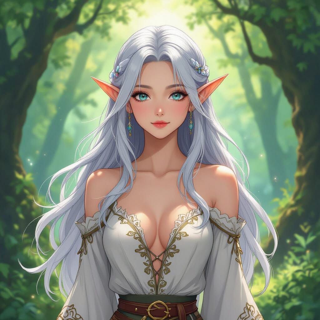 Anime Elf Maiden in Sun-Dappled Forest Clearing