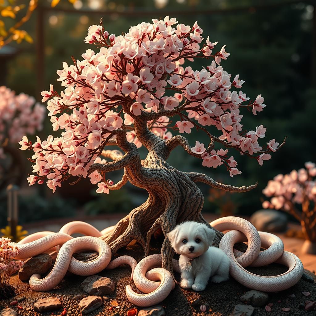 Bonsai Cherry Tree with Snakes and Dog