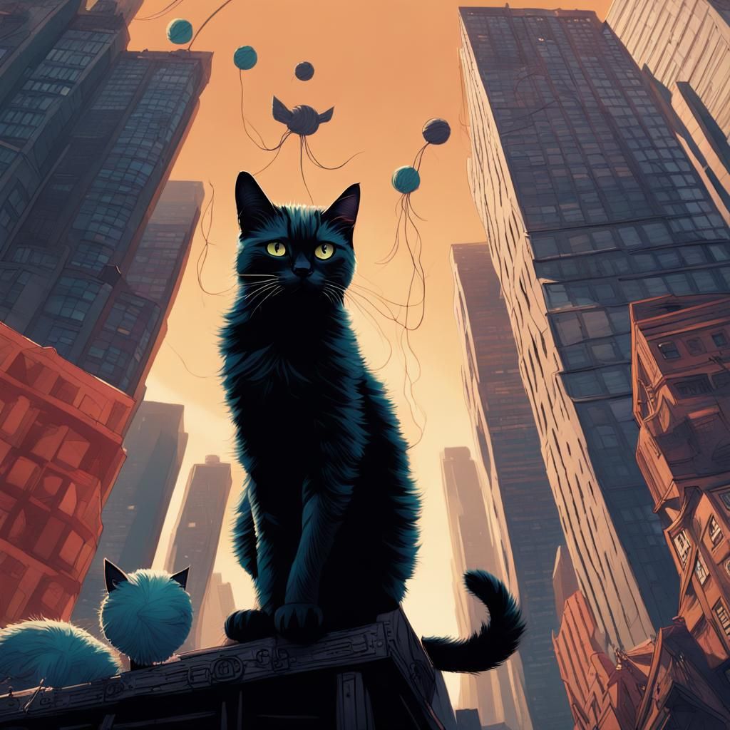 Cats Plot Revolution in Yarn Ball City: Digital Art