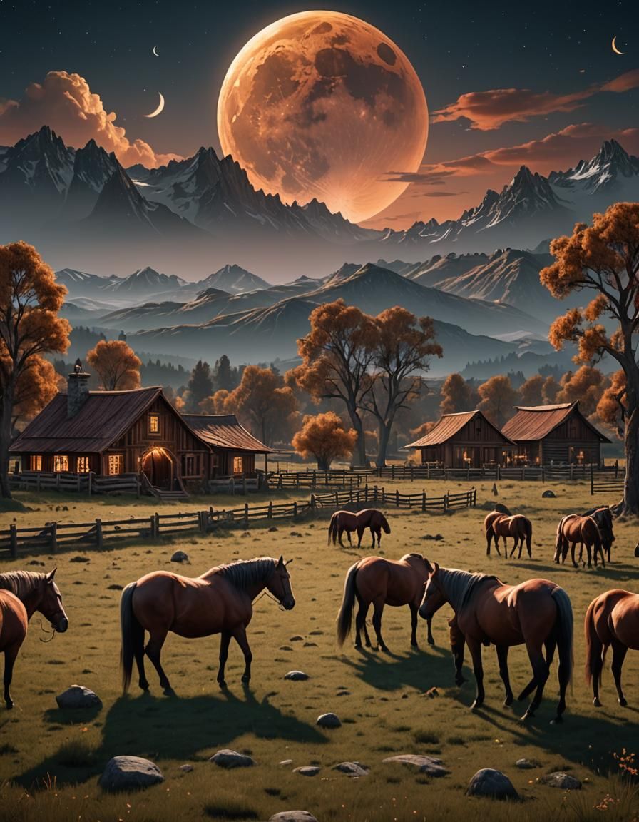 Horses Grazing Under Copper Moon: Fantasy Concept Art