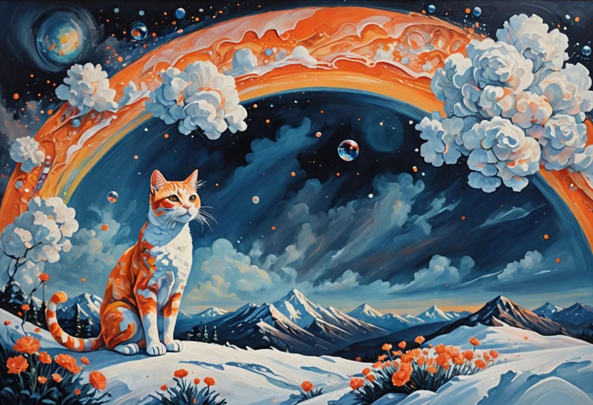 Vibrant Orange Crystal Cat in a Psychedelic Snowy Landscape