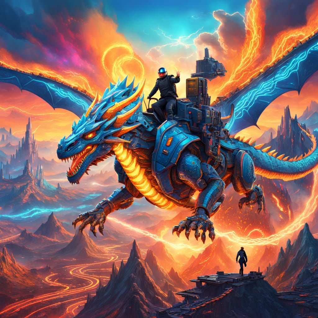 Mecha Dragon Rider in Retro Sci-Fi Landscape