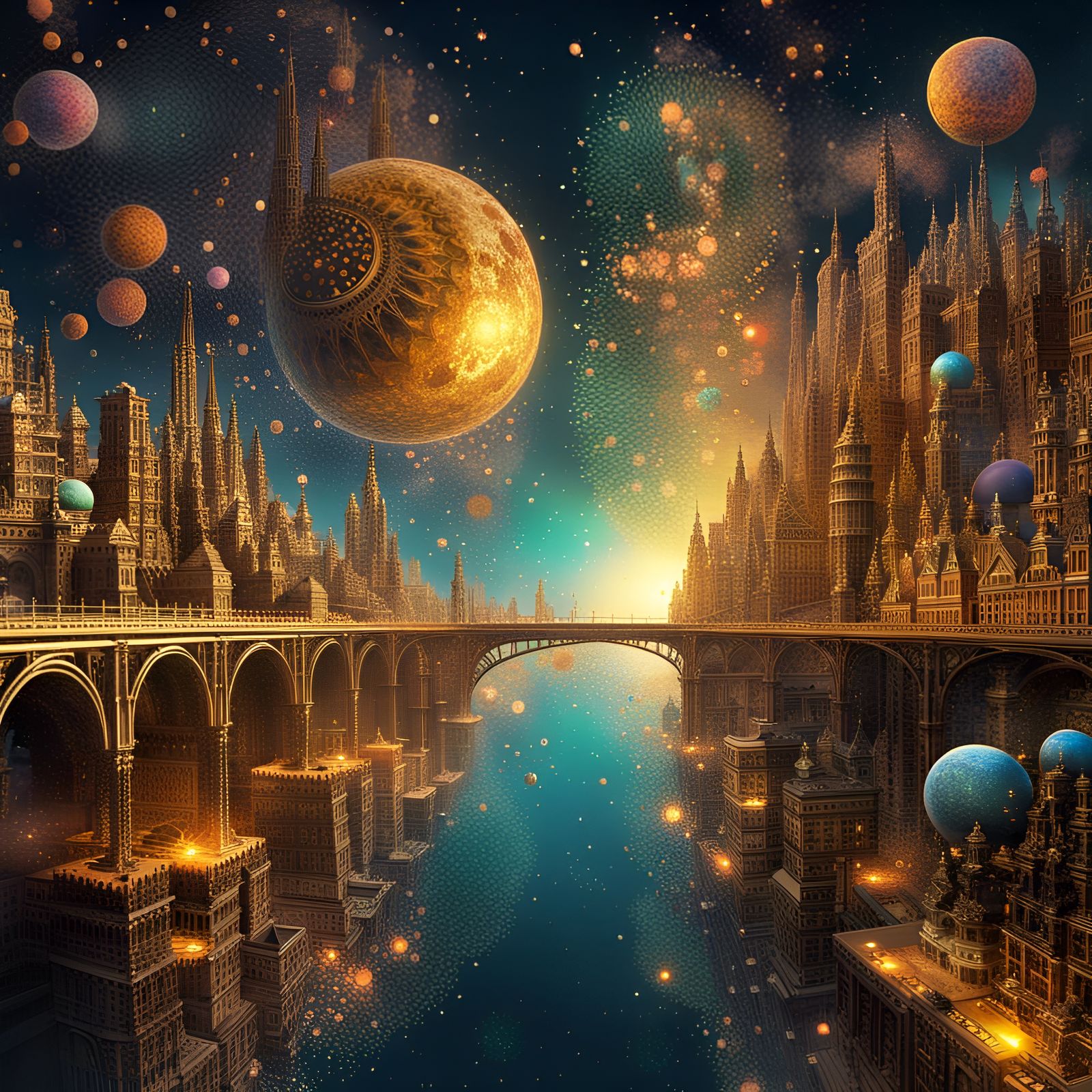 Fractal Cityscape with Golden Glitter