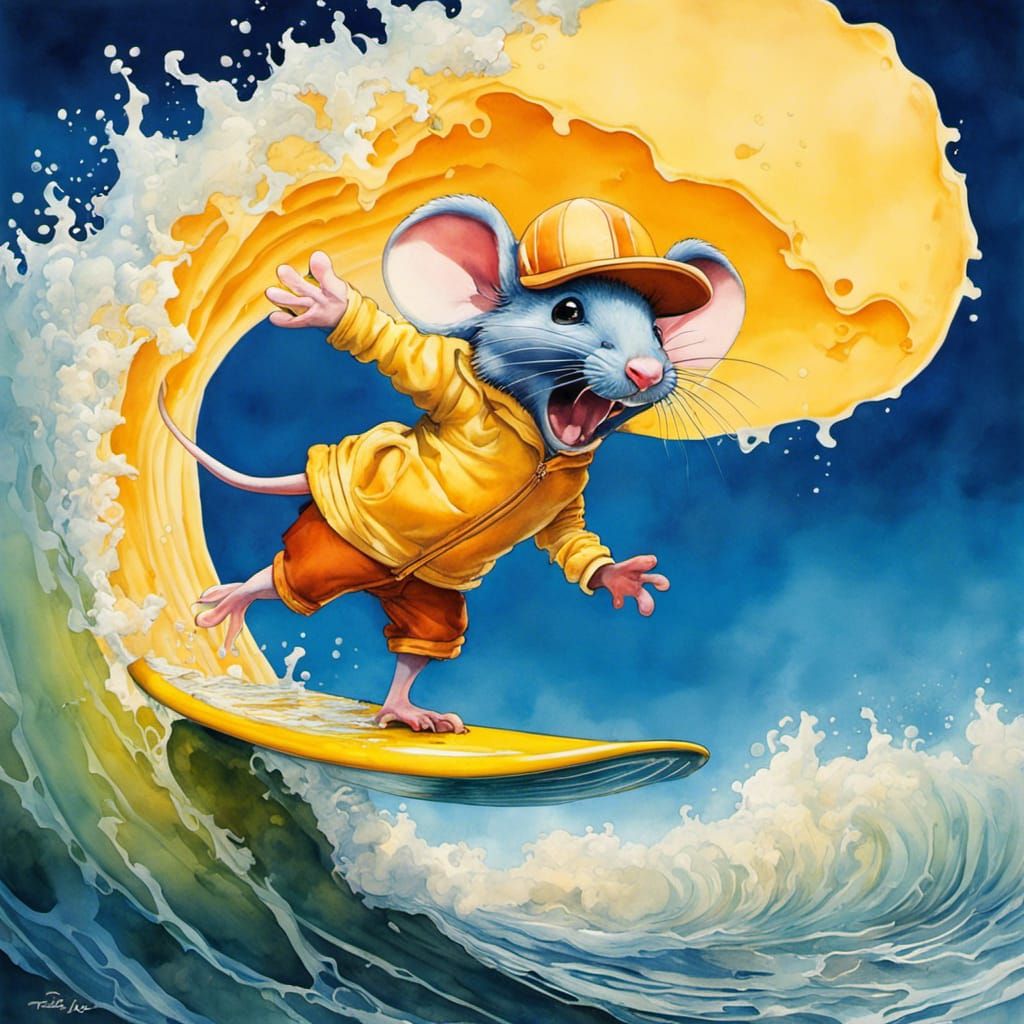 Mouse Surfer Rides Cheese Wave, Watercolor Ink Art